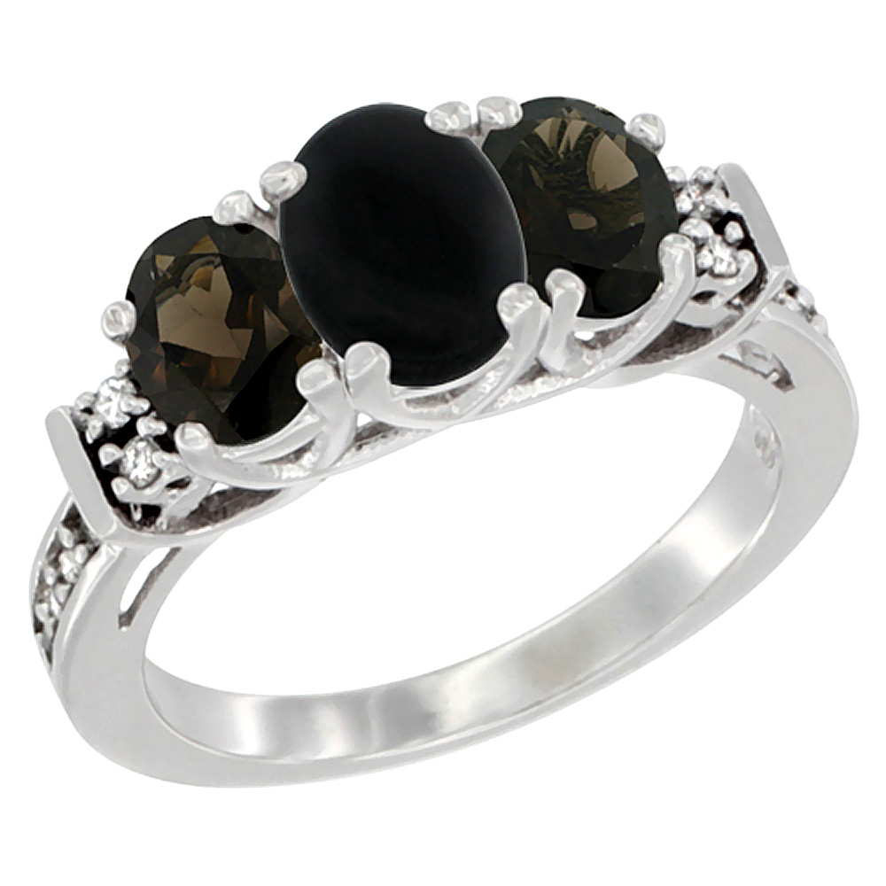 10K White Gold Natural Black Onyx &amp; Smoky Topaz Ring 3-Stone Oval Diamond Accent, sizes 5-10