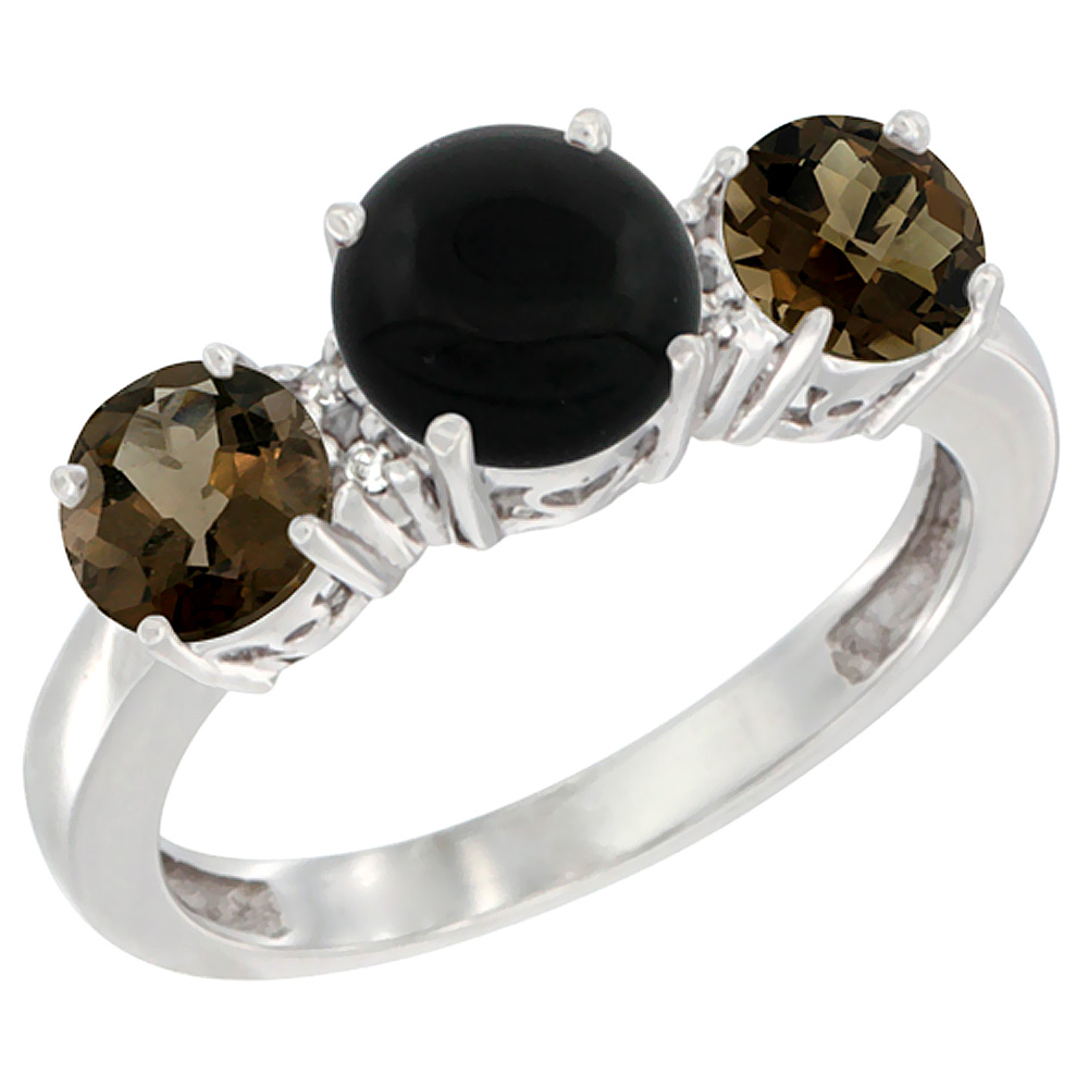 10K White Gold Round 3-Stone Natural Black Onyx Ring &amp; Smoky Topaz Sides Diamond Accent, sizes 5 - 10