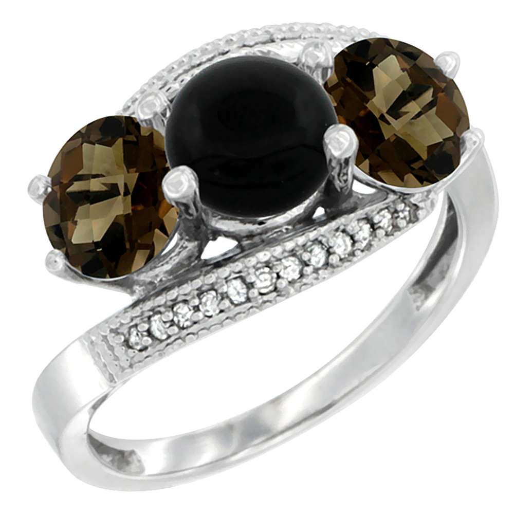 10K White Gold Natural Black Onyx &amp; Smoky Topaz Sides 3 stone Ring Round 6mm Diamond Accent, sizes 5 - 10