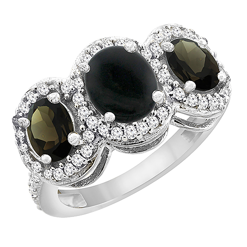 10K White Gold Natural Black Onyx &amp; Smoky Topaz 3-Stone Ring Oval Diamond Accent, sizes 5 - 10