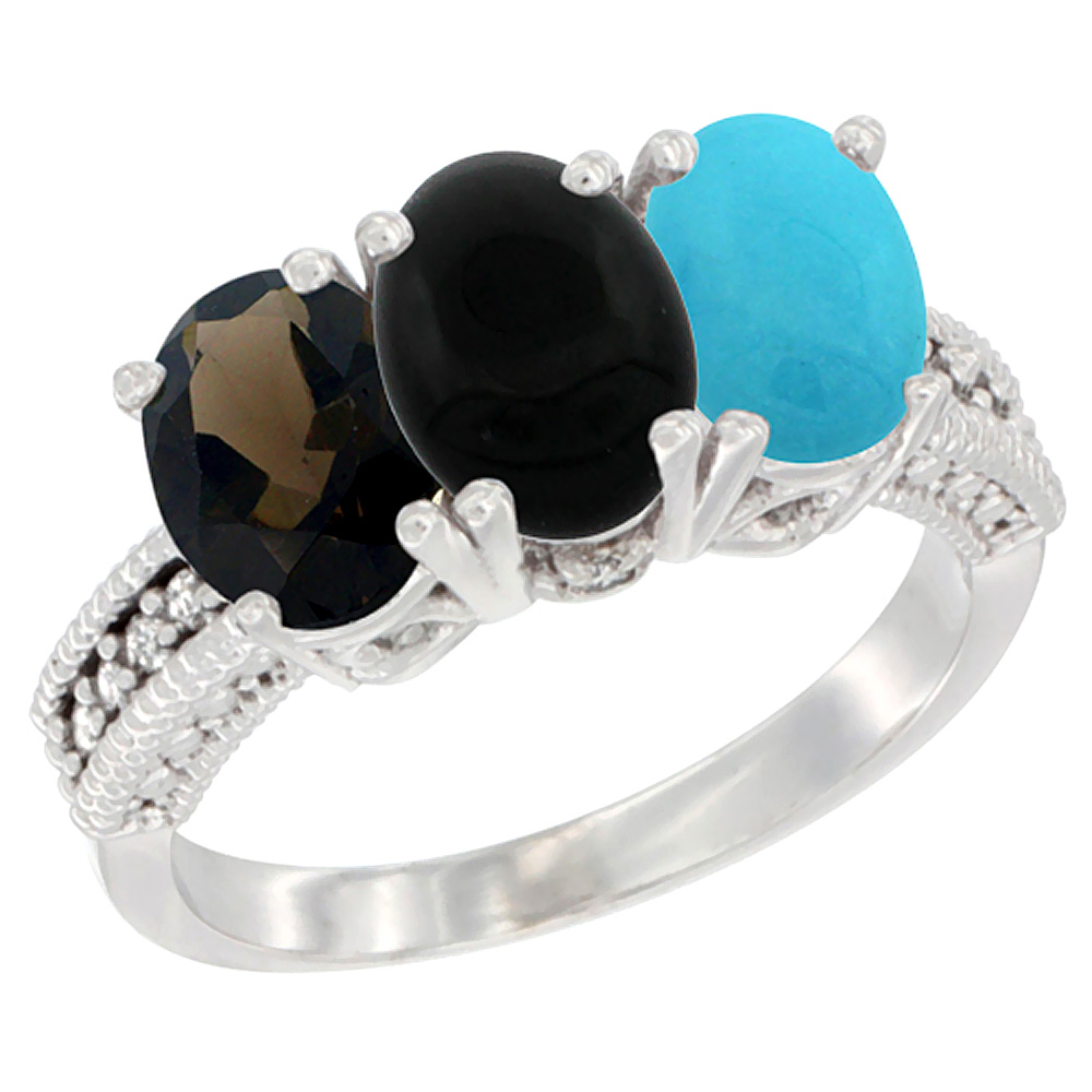 10K White Gold Natural Smoky Topaz, Black Onyx &amp; Turquoise Ring 3-Stone Oval 7x5 mm Diamond Accent, sizes 5 - 10