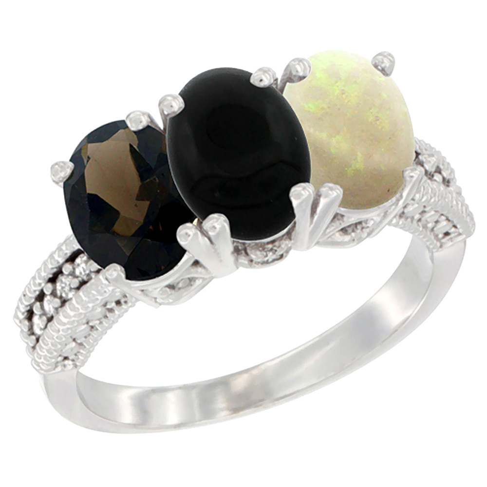 10K White Gold Natural Smoky Topaz, Black Onyx &amp; Opal Ring 3-Stone Oval 7x5 mm Diamond Accent, sizes 5 - 10