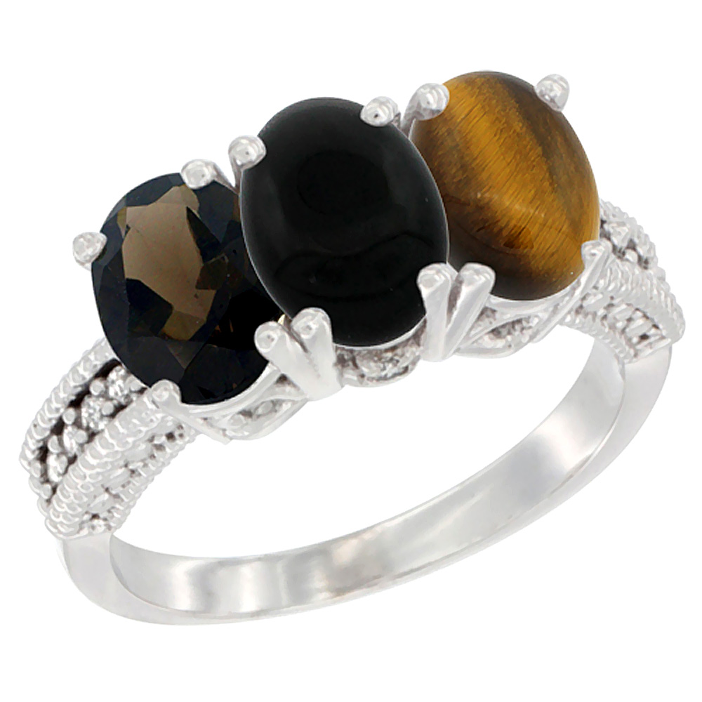 10K White Gold Natural Smoky Topaz, Black Onyx &amp; Tiger Eye Ring 3-Stone Oval 7x5 mm Diamond Accent, sizes 5 - 10