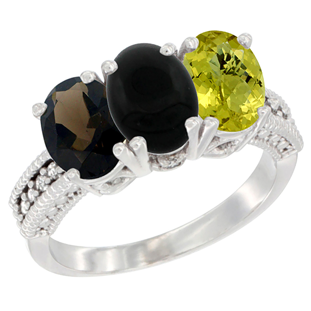 10K White Gold Natural Smoky Topaz, Black Onyx &amp; Lemon Quartz Ring 3-Stone Oval 7x5 mm Diamond Accent, sizes 5 - 10