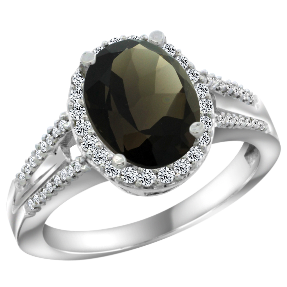 14K White Gold Diamond Natural Smoky Topaz Engagement Ring Oval 10x8mm, sizes 5-10