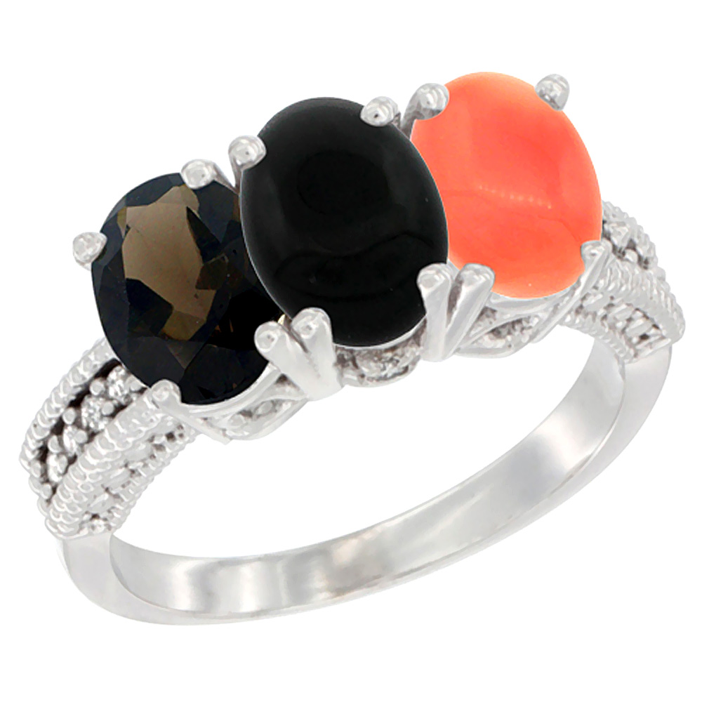 10K White Gold Natural Smoky Topaz, Black Onyx &amp; Coral Ring 3-Stone Oval 7x5 mm Diamond Accent, sizes 5 - 10
