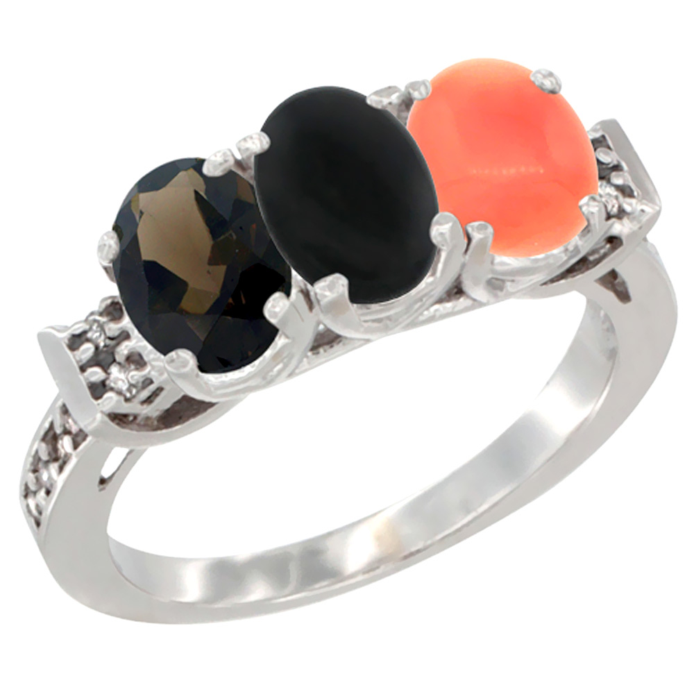 10K White Gold Natural Smoky Topaz, Black Onyx &amp; Coral Ring 3-Stone Oval 7x5 mm Diamond Accent, sizes 5 - 10