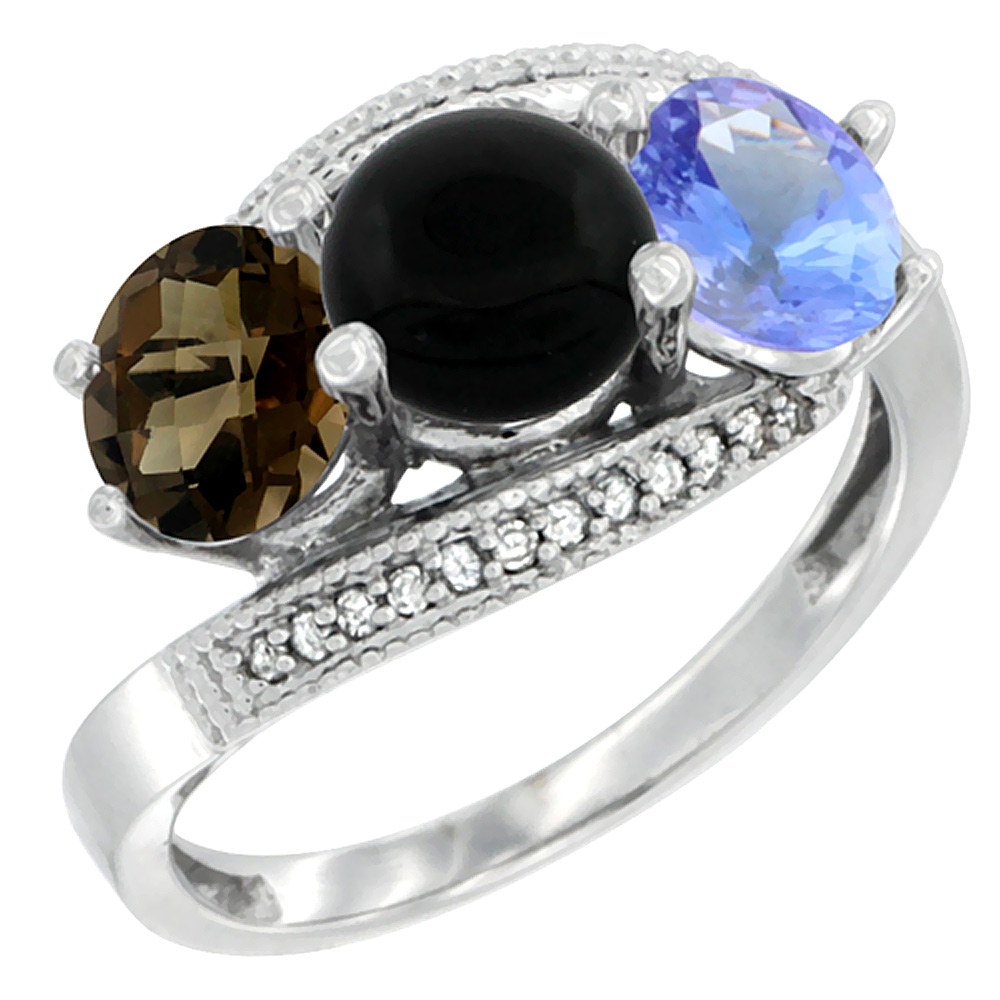 14K White Gold Natural Smoky Topaz, Black Onyx & Tanzanite 3 stone Ring Round 6mm Diamond Accent, sizes 5 - 10