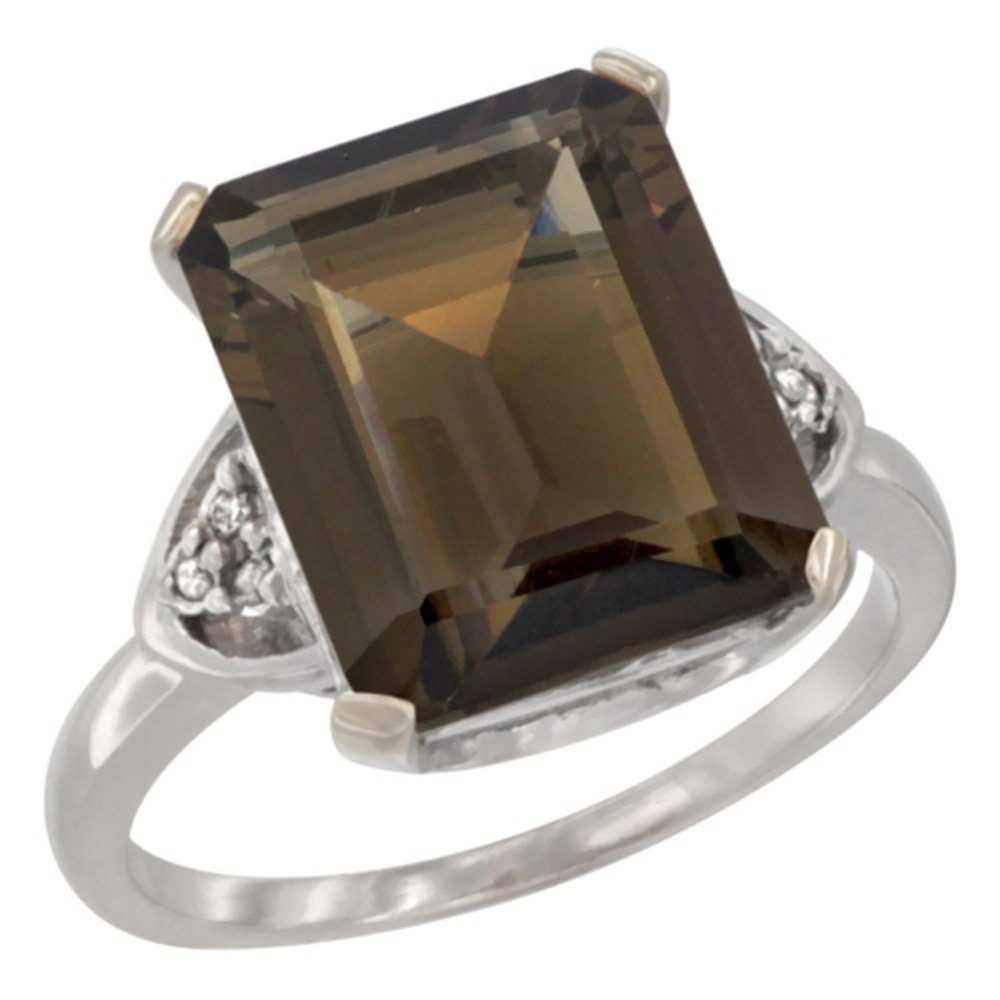 10K White Gold Diamond Natural Smoky Topaz Ring Octagon 12x10 mm, sizes 5-10