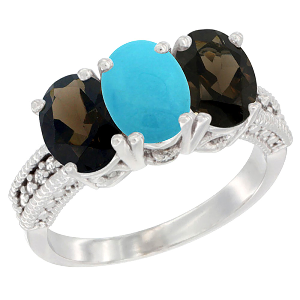 10K White Gold Natural Turquoise & Smoky Topaz Sides Ring 3-Stone Oval 7x5 mm Diamond Accent, sizes 5 - 10
