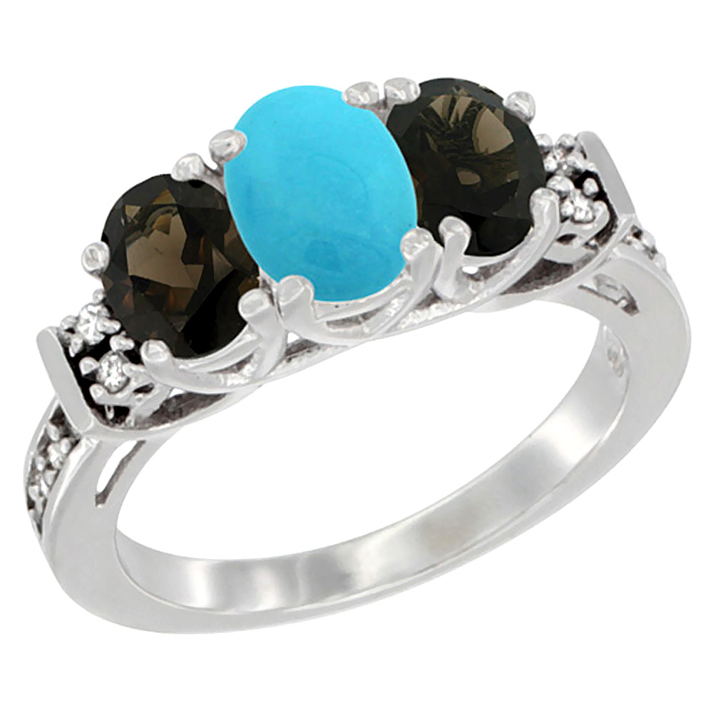 14K White Gold Natural Turquoise & Smoky Topaz Ring 3-Stone Oval Diamond Accent, sizes 5-10