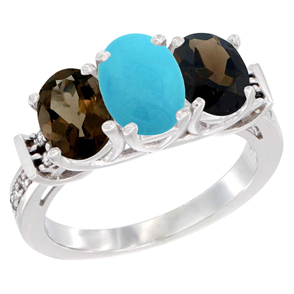 10K White Gold Natural Turquoise & Smoky Topaz Sides Ring 3-Stone Oval Diamond Accent, sizes 5 - 10