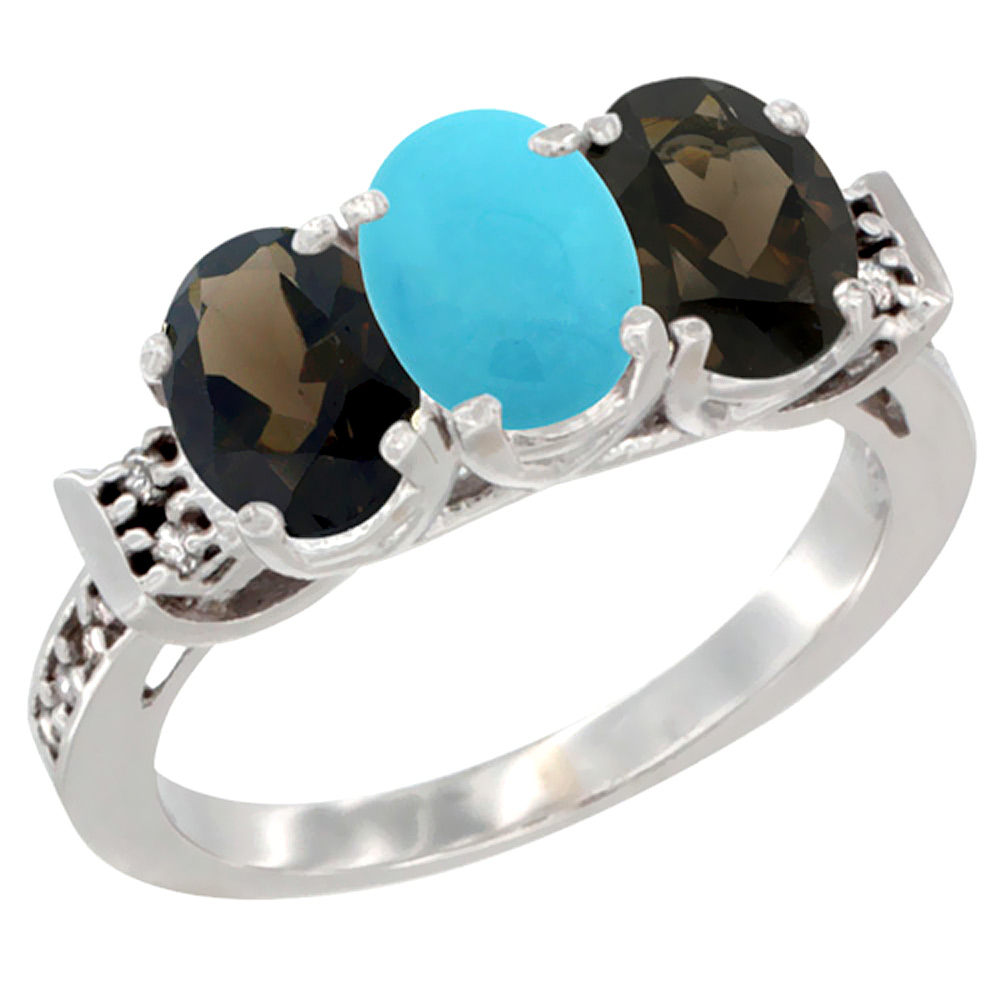 14K White Gold Natural Turquoise &amp; Smoky Topaz Sides Ring 3-Stone Oval 7x5 mm Diamond Accent, sizes 5 - 10