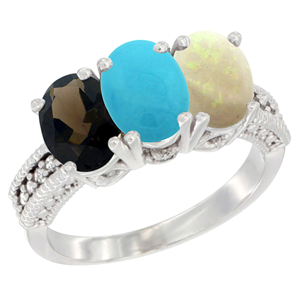 10K White Gold Natural Smoky Topaz, Turquoise &amp; Opal Ring 3-Stone Oval 7x5 mm Diamond Accent, sizes 5 - 10
