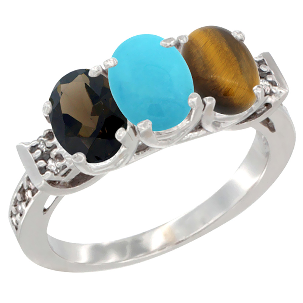 10K White Gold Natural Smoky Topaz, Turquoise &amp; Tiger Eye Ring 3-Stone Oval 7x5 mm Diamond Accent, sizes 5 - 10
