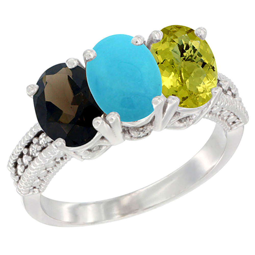 10K White Gold Natural Smoky Topaz, Turquoise &amp; Lemon Quartz Ring 3-Stone Oval 7x5 mm Diamond Accent, sizes 5 - 10