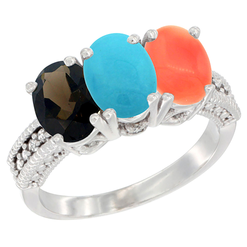 10K White Gold Natural Smoky Topaz, Turquoise &amp; Coral Ring 3-Stone Oval 7x5 mm Diamond Accent, sizes 5 - 10