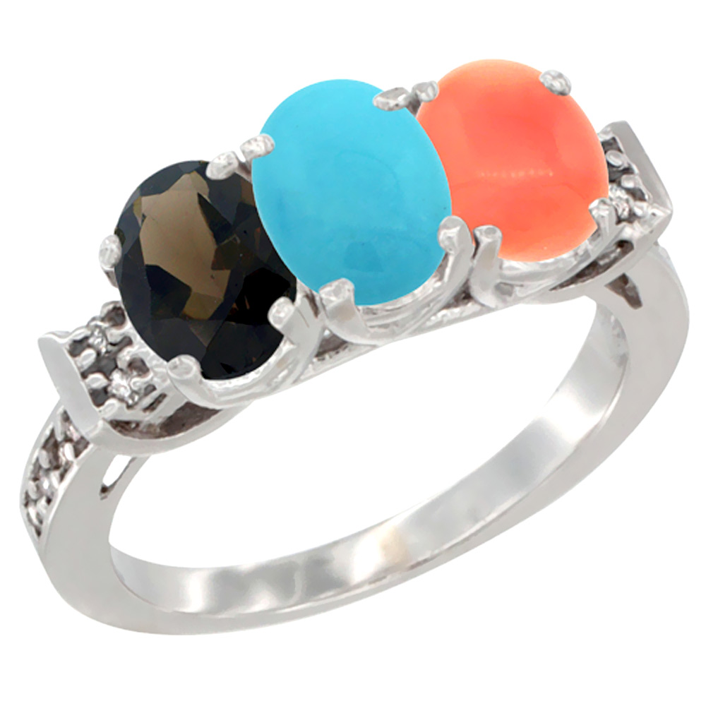 10K White Gold Natural Smoky Topaz, Turquoise &amp; Coral Ring 3-Stone Oval 7x5 mm Diamond Accent, sizes 5 - 10