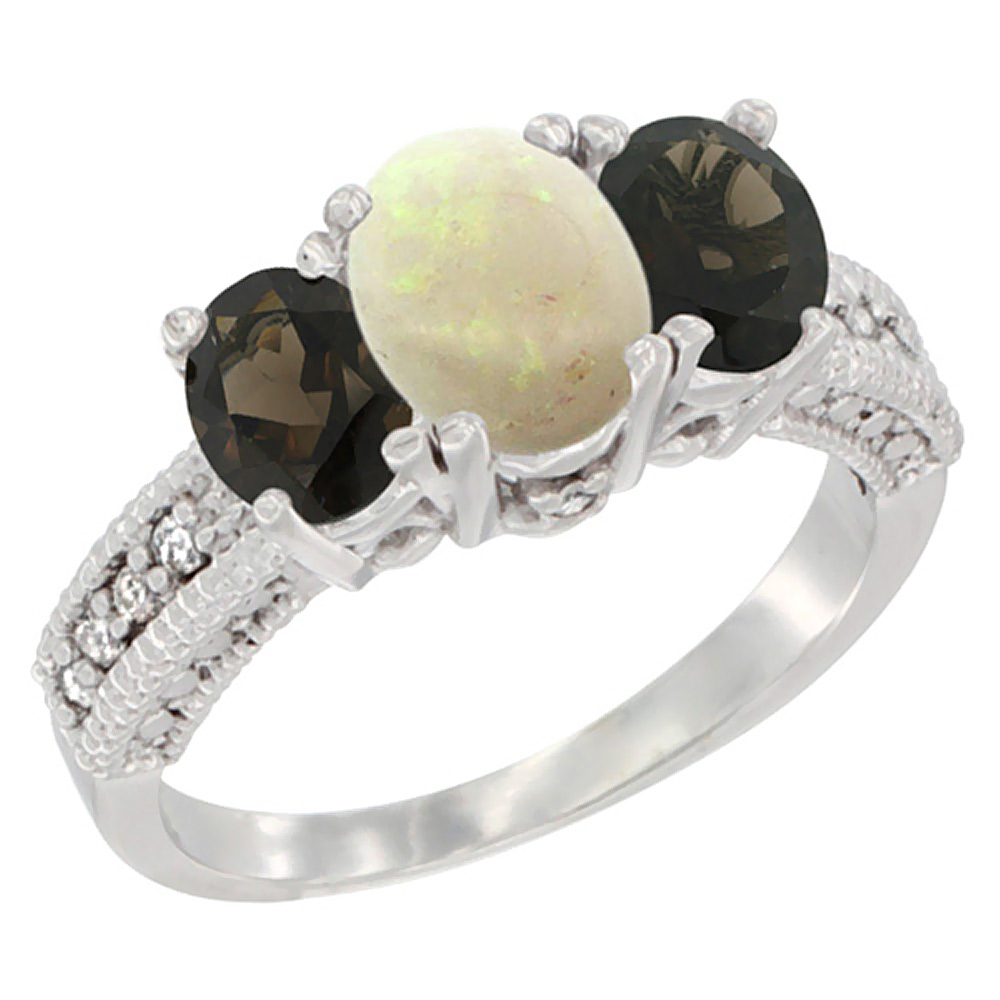 14K White Gold Diamond Natural Opal Ring Oval 3-stone with Smoky Topaz, sizes 5 - 10