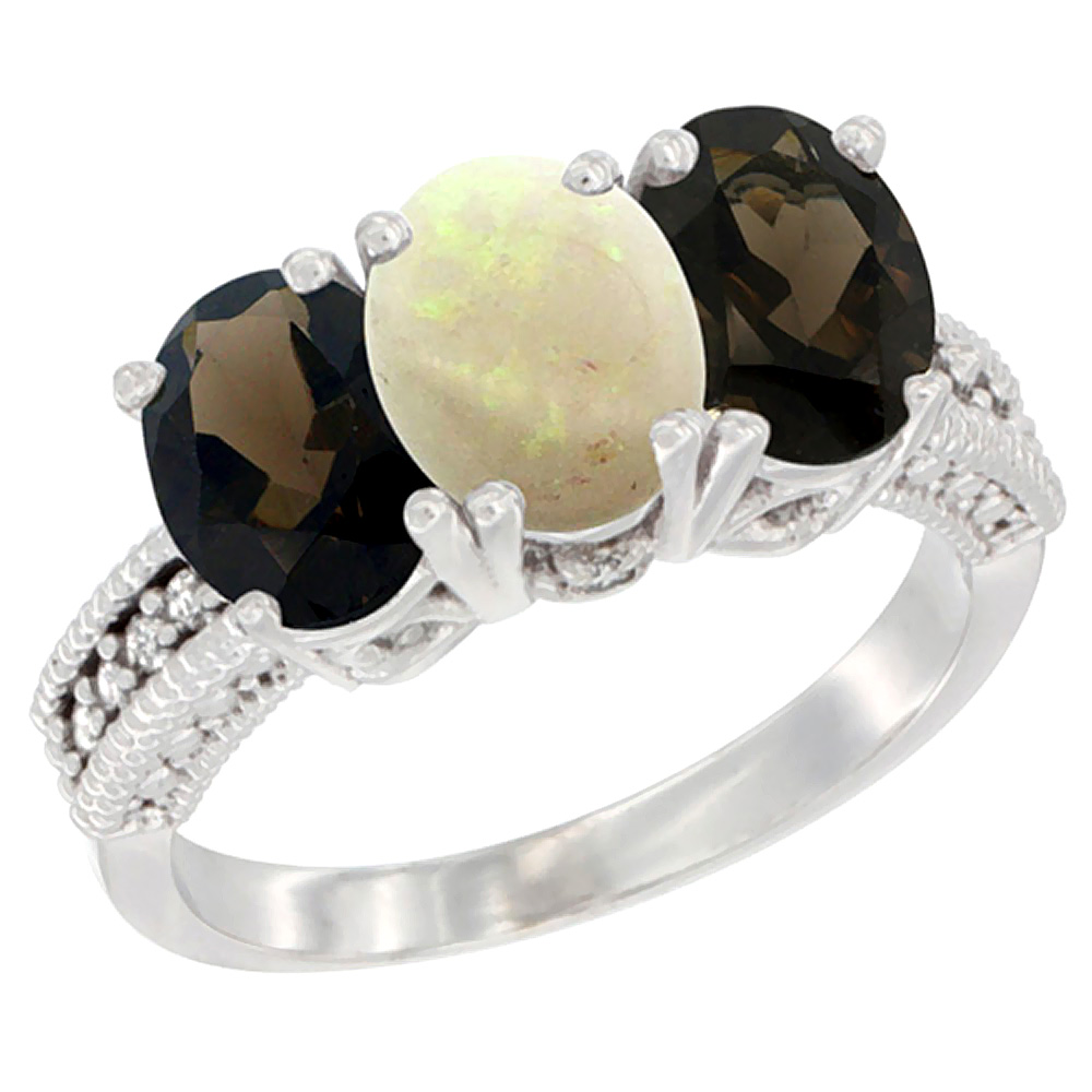 14K White Gold Natural Opal &amp; Smoky Topaz Ring 3-Stone 7x5 mm Oval Diamond Accent, sizes 5 - 10