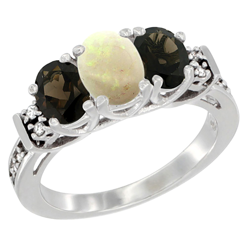 10K White Gold Natural Opal &amp; Smoky Topaz Ring 3-Stone Oval Diamond Accent, sizes 5-10