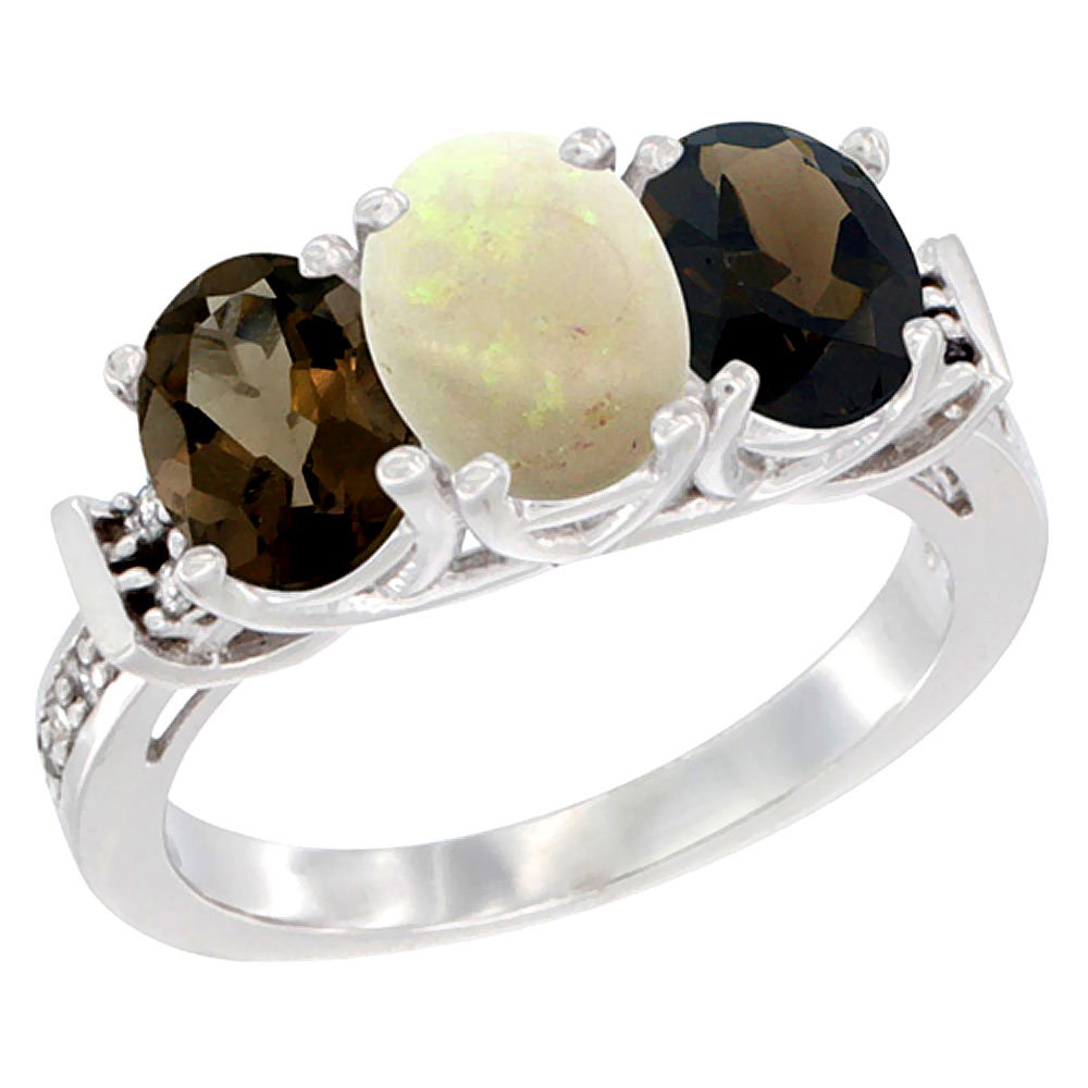 14K White Gold Natural Opal &amp; Smoky Topaz Sides Ring 3-Stone Oval Diamond Accent, sizes 5 - 10