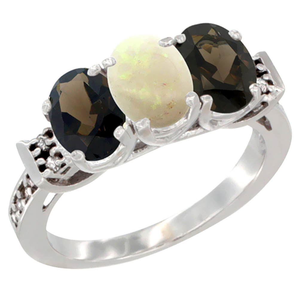 10K White Gold Natural Opal & Smoky Topaz Sides Ring 3-Stone Oval 7x5 mm Diamond Accent, sizes 5 - 10