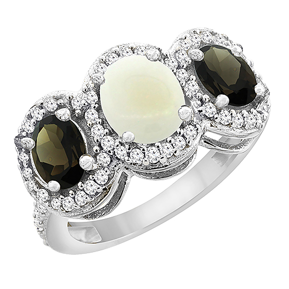 10K White Gold Natural Opal &amp; Smoky Topaz 3-Stone Ring Oval Diamond Accent, sizes 5 - 10