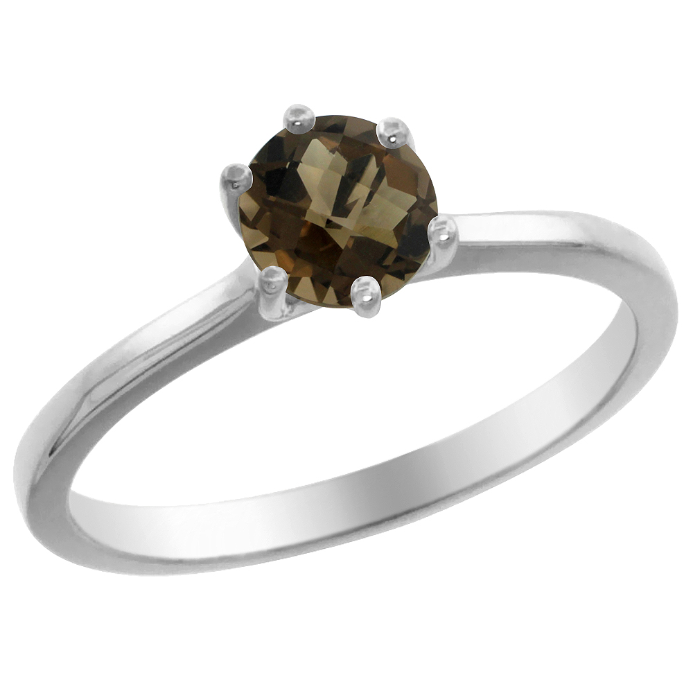 14K White Gold Natural Smoky Topaz Solitaire Ring Round 6mm, sizes 5 - 10