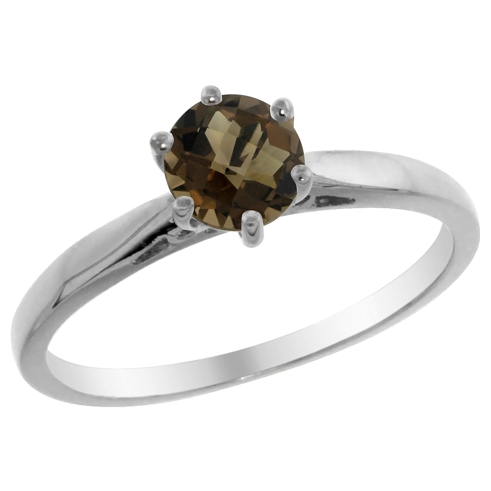 14K White Gold Natural Smoky Topaz Solitaire Ring Round 5mm, sizes 5 - 10