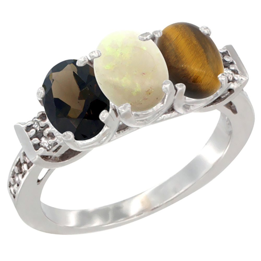14K White Gold Natural Smoky Topaz, Opal & Tiger Eye Ring 3-Stone Oval 7x5 mm Diamond Accent, sizes 5 - 10
