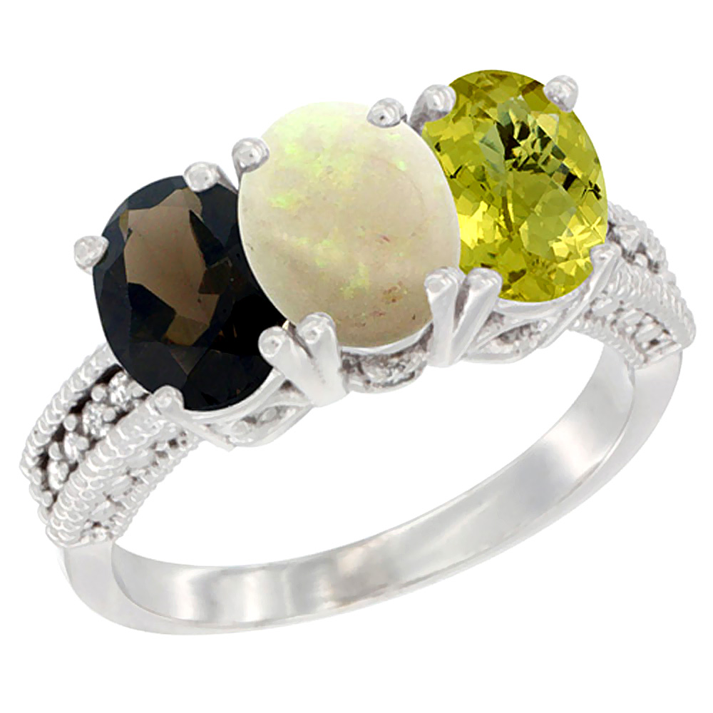 10K White Gold Natural Smoky Topaz, Opal & Lemon Quartz Ring 3-Stone Oval 7x5 mm Diamond Accent, sizes 5 - 10