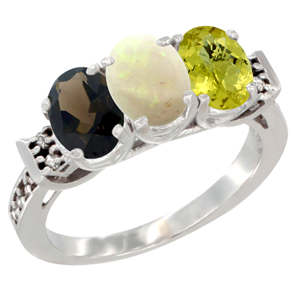 14K White Gold Natural Smoky Topaz, Opal & Lemon Quartz Ring 3-Stone Oval 7x5 mm Diamond Accent, sizes 5 - 10