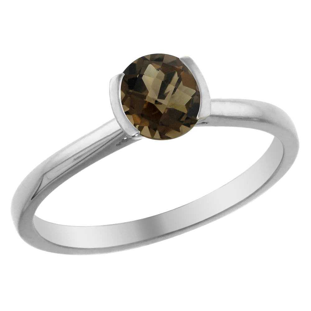 14K White Gold Natural Smoky Topaz Solitaire Ring Round 5mm, sizes 5 - 10