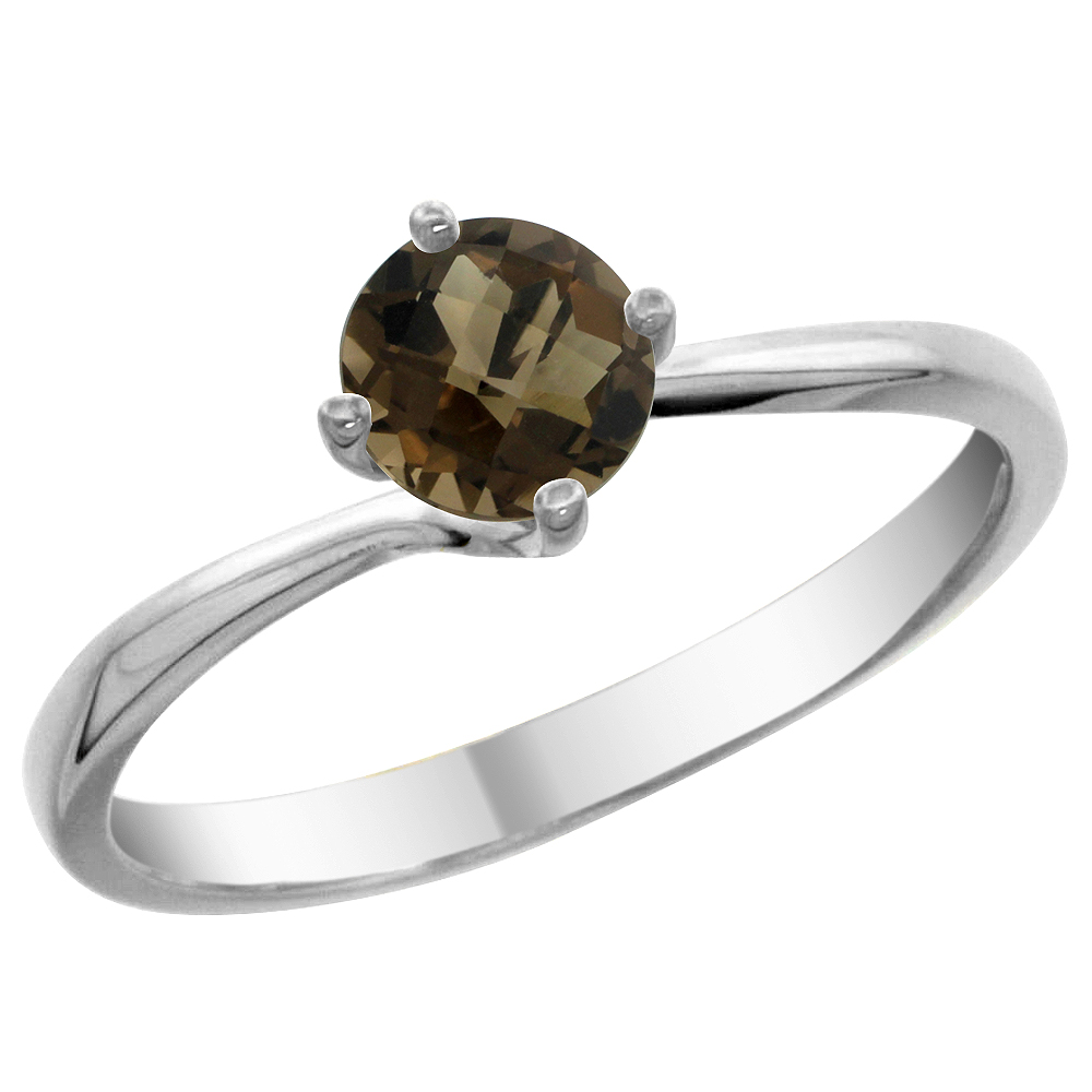 14K White Gold Natural Smoky Topaz Solitaire Ring Round 6mm, sizes 5 - 10
