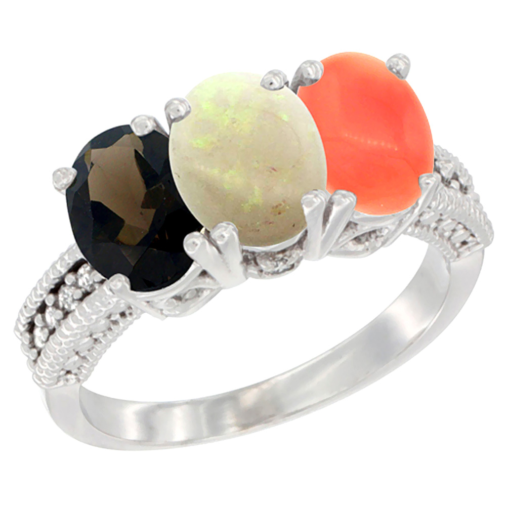 10K White Gold Natural Smoky Topaz, Opal & Coral Ring 3-Stone Oval 7x5 mm Diamond Accent, sizes 5 - 10