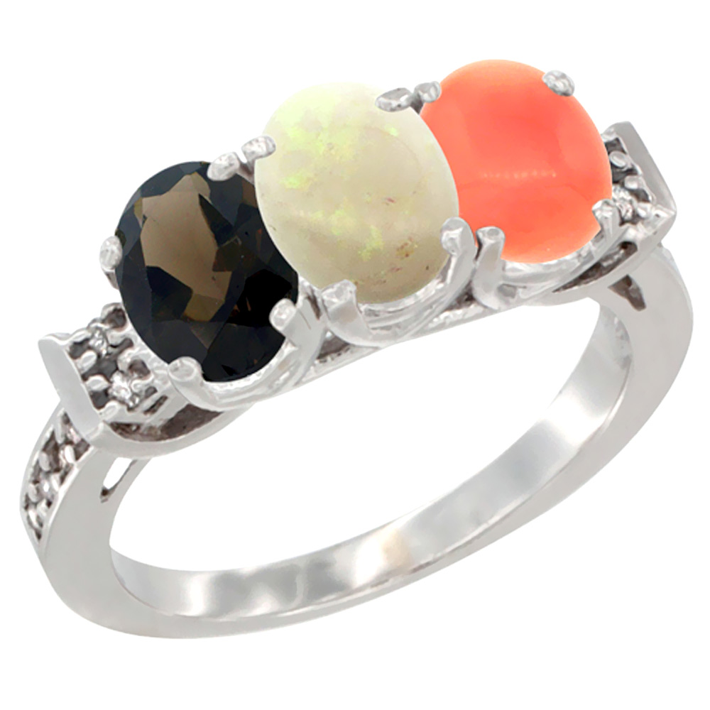 14K White Gold Natural Smoky Topaz, Opal &amp; Coral Ring 3-Stone Oval 7x5 mm Diamond Accent, sizes 5 - 10