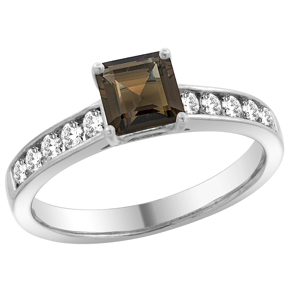 14K White Gold Natural Smoky Topaz Engagement Ring Princess cut 5mm, sizes 5 - 10