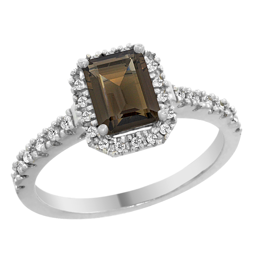 14K Yellow Gold Natural Smoky Topaz Engagement Ring Octagon 7x5 mm Diamond Accents, sizes 5 - 10