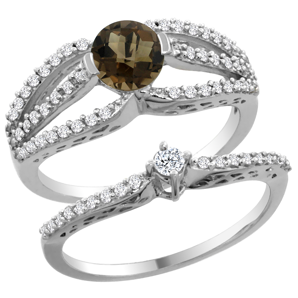 14K White Gold Natural Smoky Topaz 2-piece Engagement Ring Set Round 5mm, sizes 5 - 10