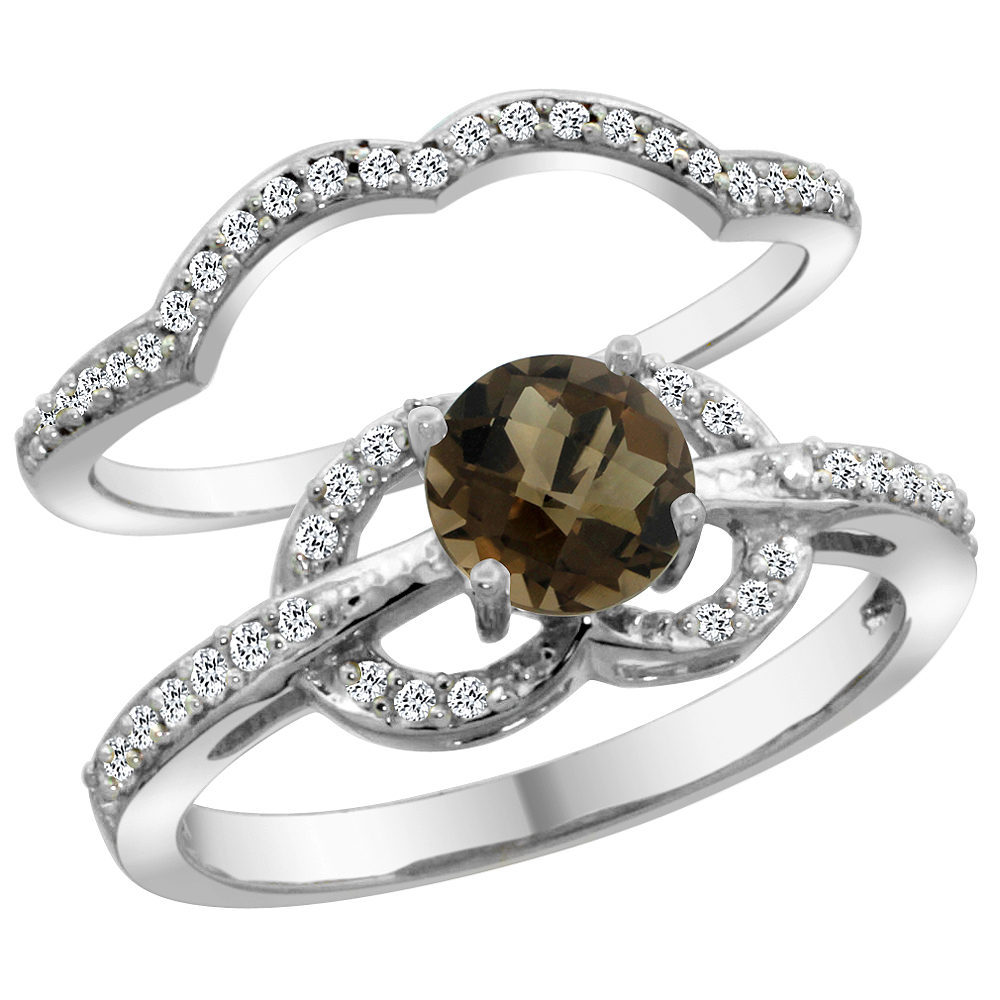 14K White Gold Natural Smoky Topaz 2-piece Engagement Ring Set Round 6mm, sizes 5 - 10