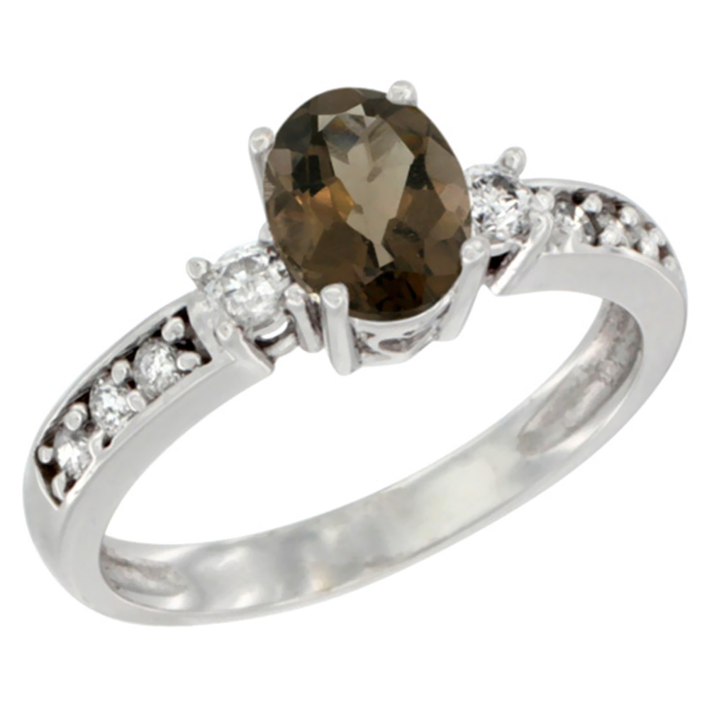 10k Yellow Gold Natural Smoky Topaz Ring Oval 7x5 mm Diamond Accent, sizes 5 - 10