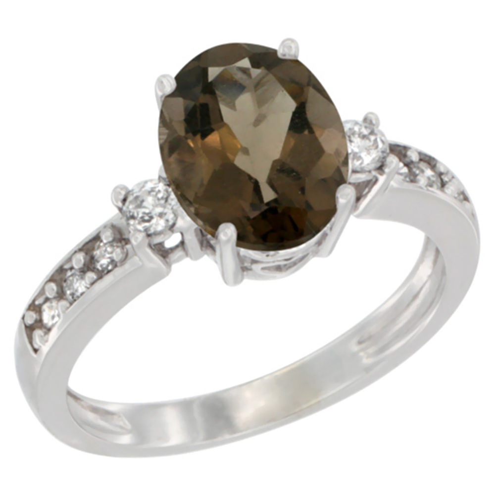14K Yellow Gold Natural Smoky Topaz Ring Oval 9x7 mm Diamond Accent, sizes 5 - 10