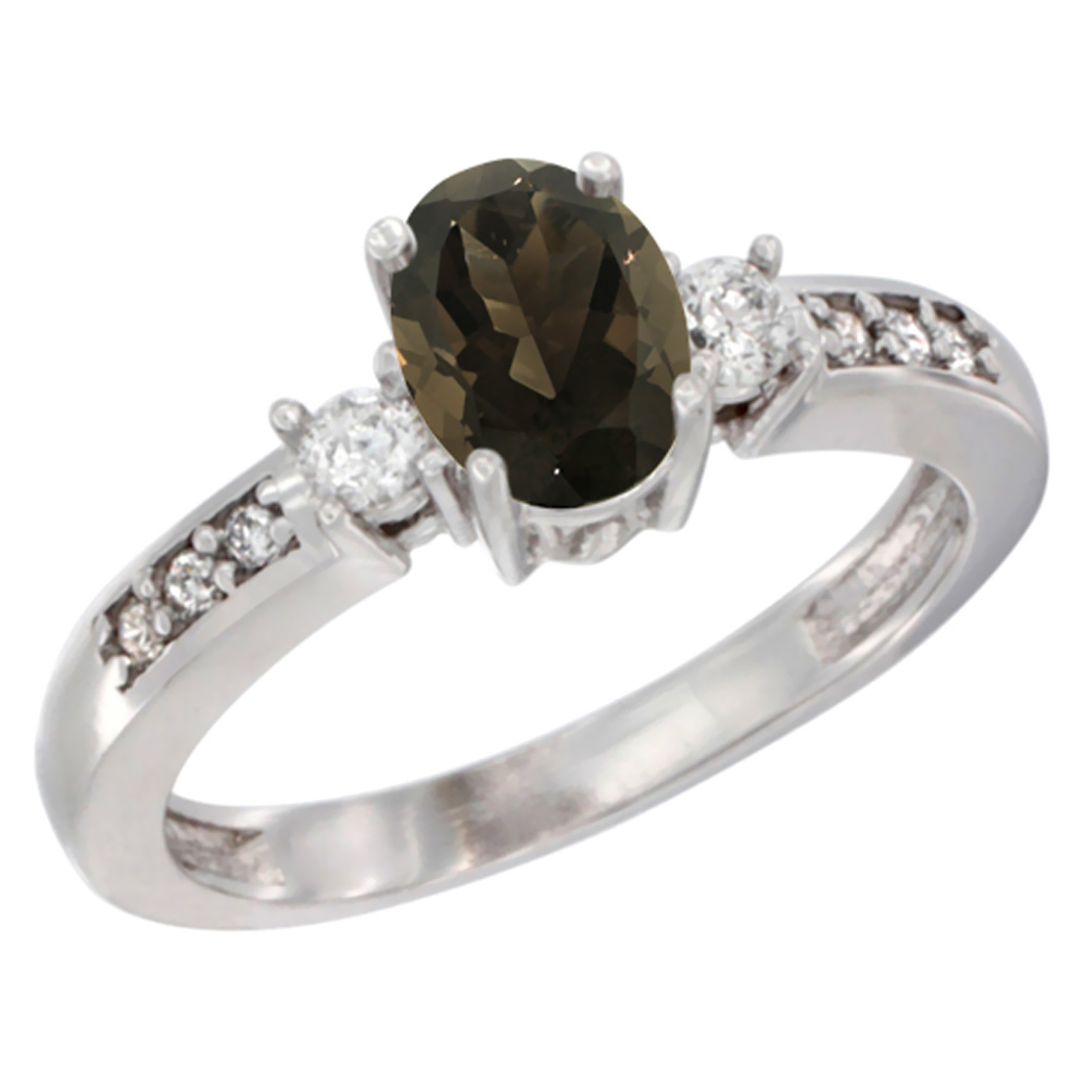 14K White Gold Diamond Natural Smoky Topaz Engagement Ring Oval 7x5 mm, sizes 5 - 10