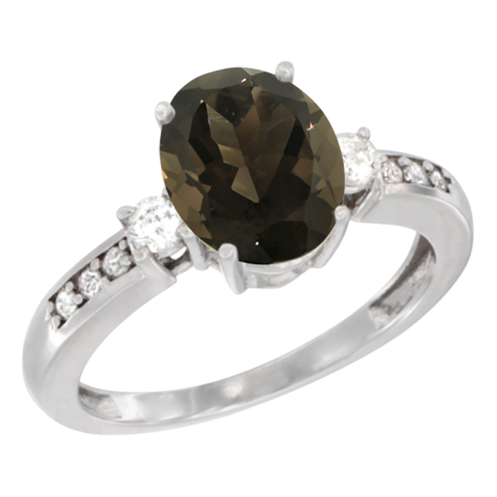 10k Yellow Gold Natural Smoky Topaz Ring Oval 9x7 mm Diamond Accent, sizes 5 - 10
