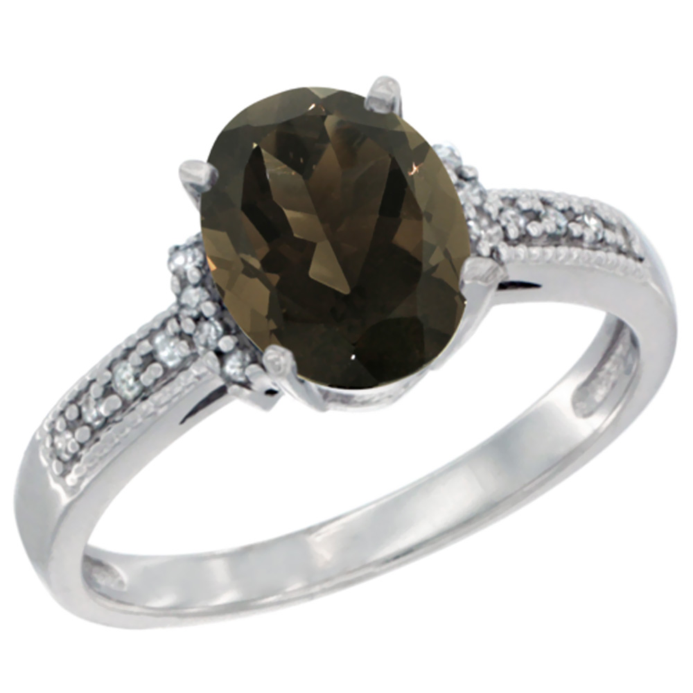 10K Yellow Gold Natural Smoky Topaz Ring Oval 9x7 mm Diamond Accent, sizes 5 - 10