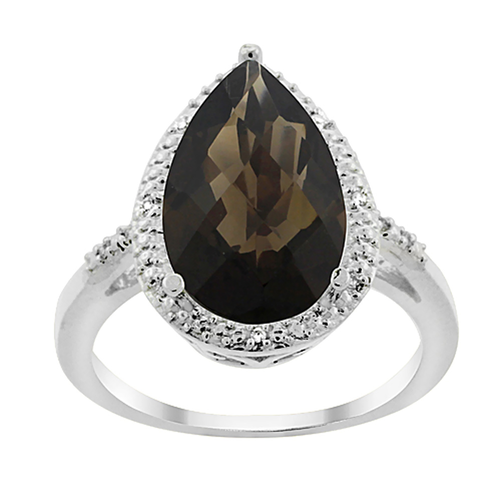 14K Yellow Gold Natural Smoky Topaz Ring Pear Shape 10x15 mm Diamond Accent, sizes 5 - 10