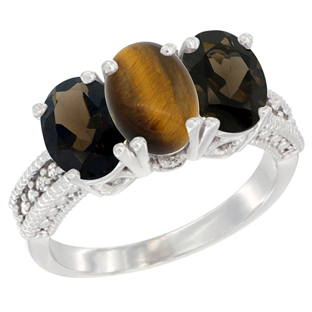 14K White Gold Natural Tiger Eye &amp; Smoky Topaz Ring 3-Stone 7x5 mm Oval Diamond Accent, sizes 5 - 10