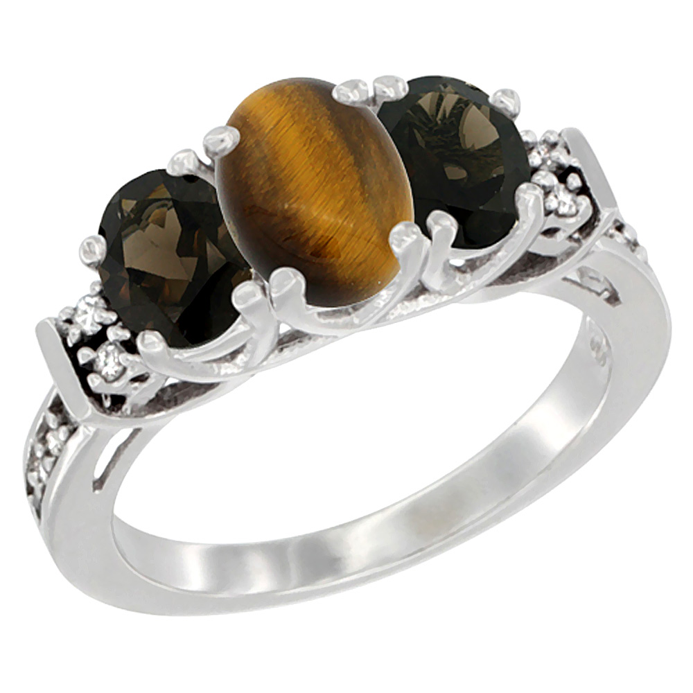 14K White Gold Natural Tiger Eye &amp; Smoky Topaz Ring 3-Stone Oval Diamond Accent, sizes 5-10