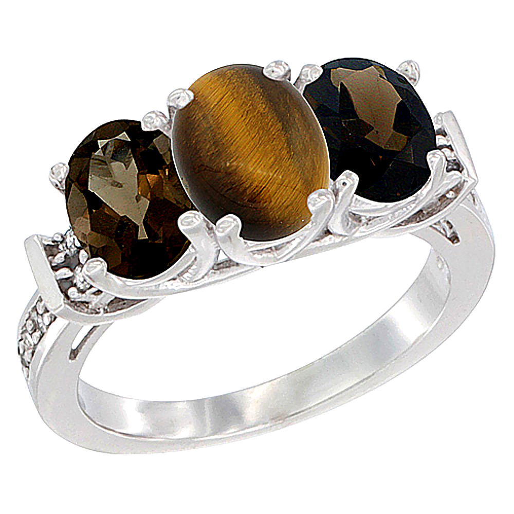 14K White Gold Natural Tiger Eye &amp; Smoky Topaz Sides Ring 3-Stone Oval Diamond Accent, sizes 5 - 10